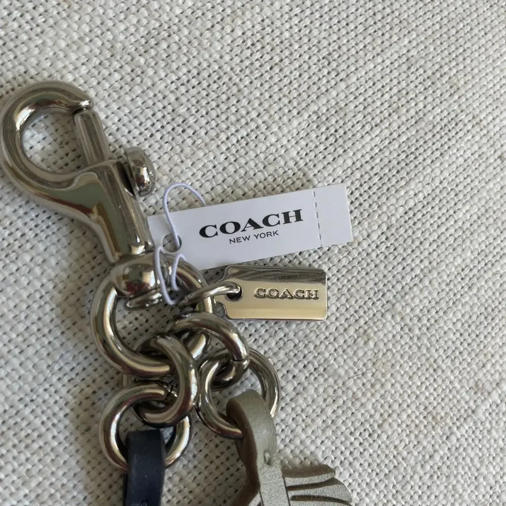 Rare Coach Multi Feather Leather Bag Charm Navy Silver Studded NWT